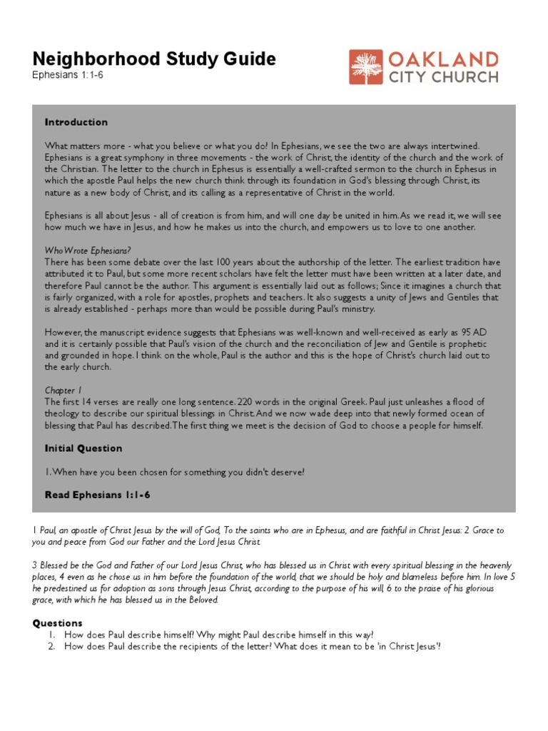 Ephesians 1:1-6 Study Guide | PDF | Epistle To The Ephesians | Paul The ...