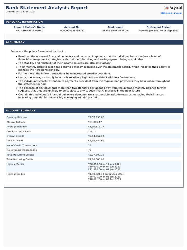 Bank Statement Analysis Report 2024 | PDF | Credit Card | Debits And ...