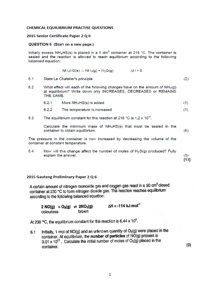 Chemical Equilibrium Practise Questions - 251017 - 224252 | PDF