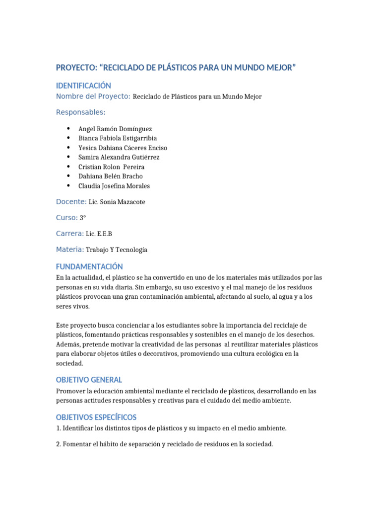Reciclaje de Plásticos: Proyecto Educativo | PDF | Reciclaje | El plastico