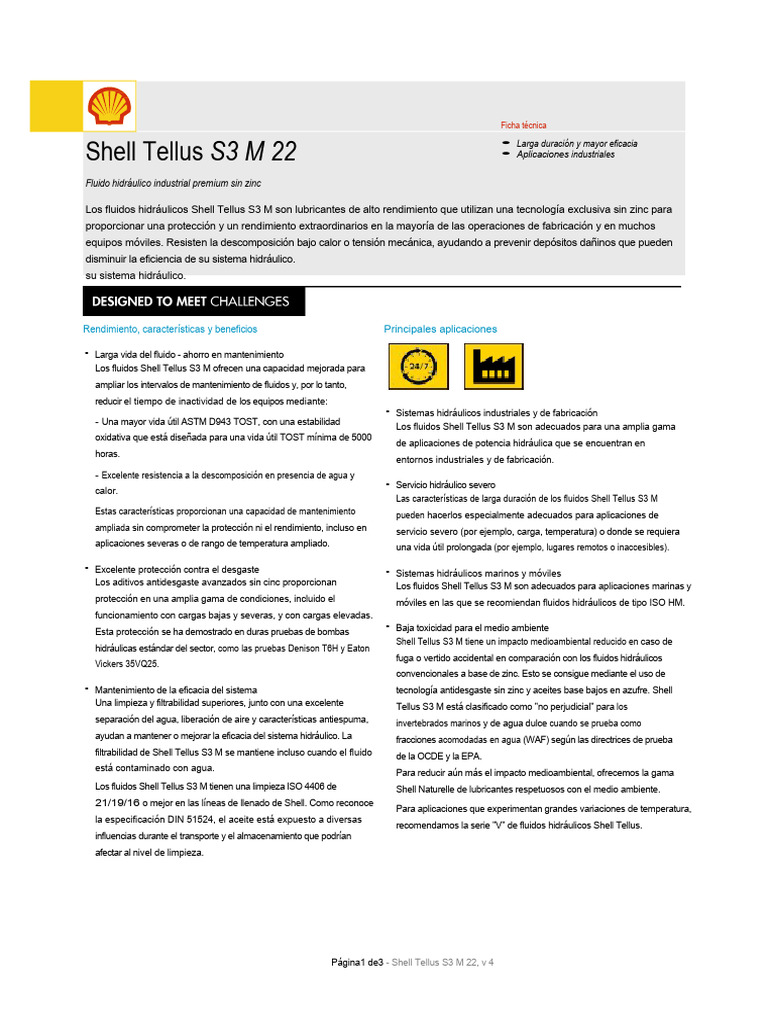 Fluido Hidráulico Shell Tellus S3 M 22 | PDF | Agua | Lubricante
