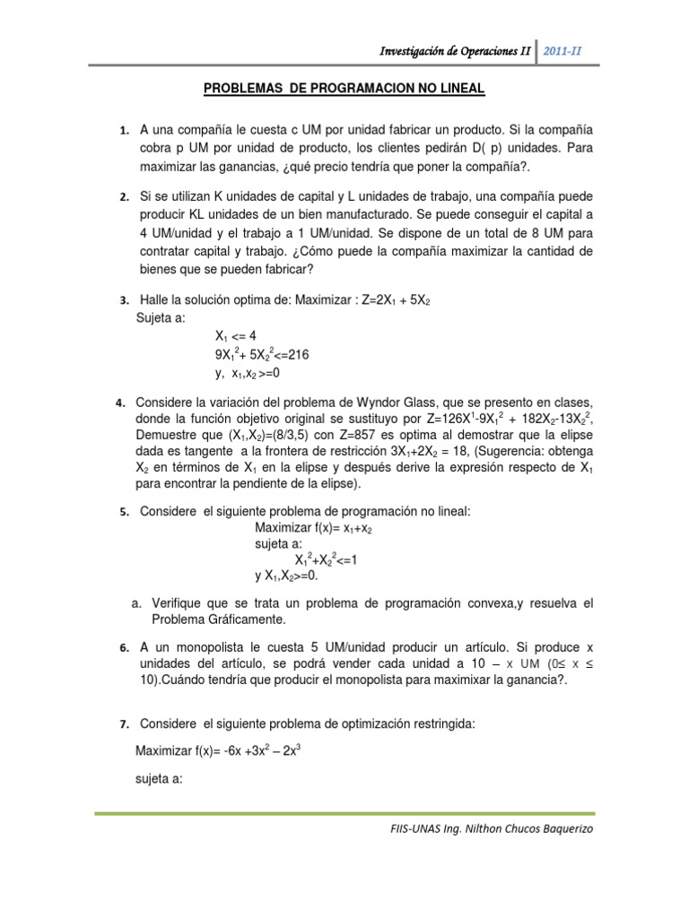 Problemas de Programacion No Lineal | PDF | Programacion no lineal | La ...