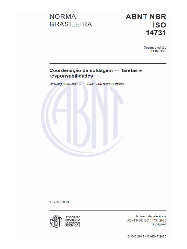 ABNT NBR ISO 14731 Coordenacao Soldagem | PDF