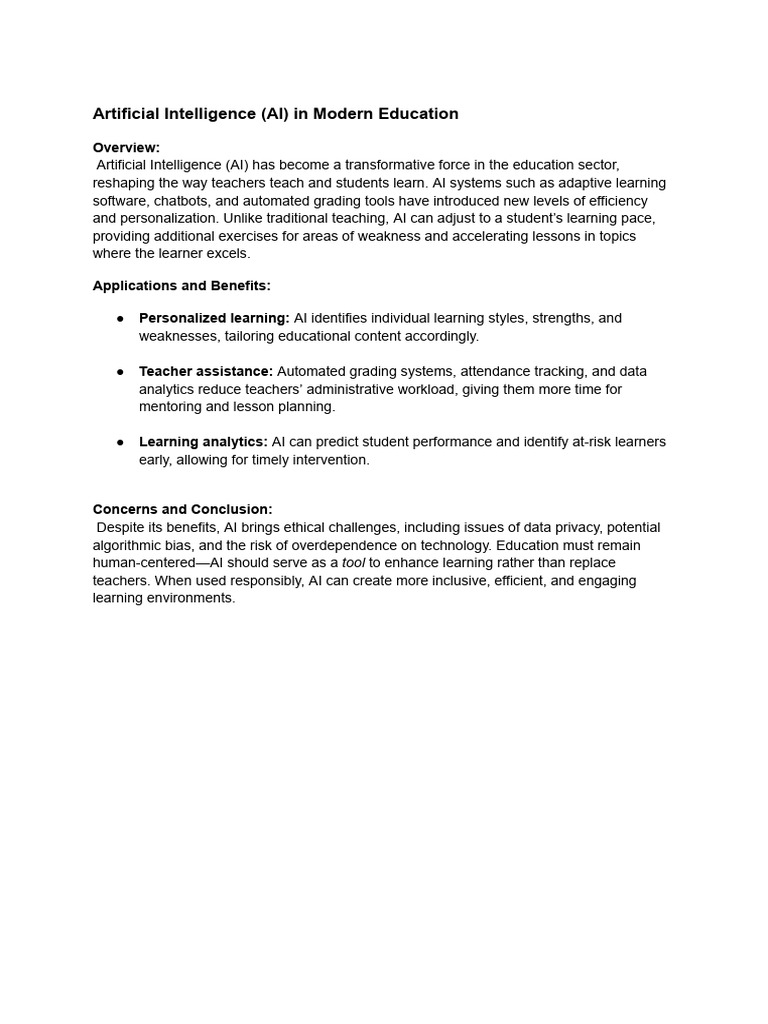 Artificial Intelligence (AI) in Modern Education: Overview | PDF