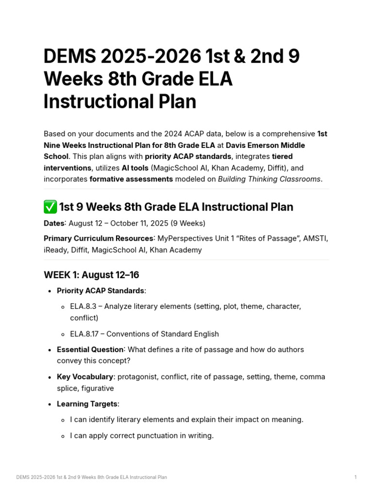 DEMS 2025-2026 1st 2nd 9 Weeks 8th Grade ELA Instructional Plan | PDF ...