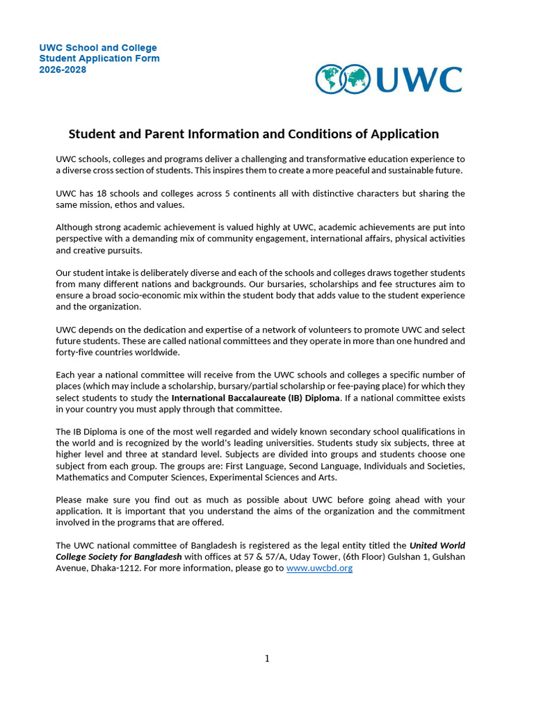 UWC Student Application Form 2026-2028 | PDF