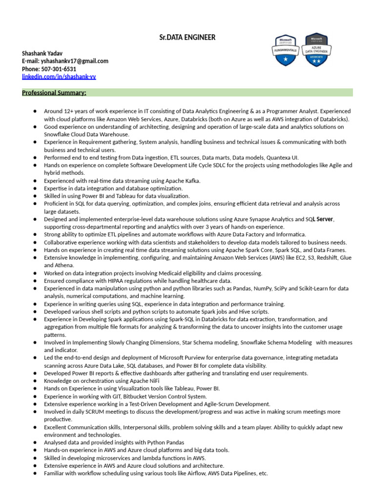 Senior Data Engineer Resume Overview | PDF | Apache Spark | Apache Hadoop