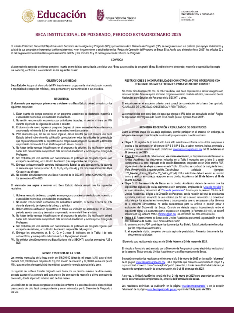 Beca Posgrado IPN 2025: Convocatoria y Requisitos | PDF | Beca