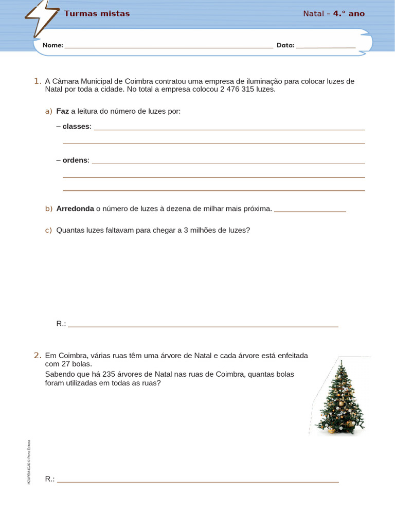 Atividades de Matemática de Natal para 4.º Ano | PDF | Natal