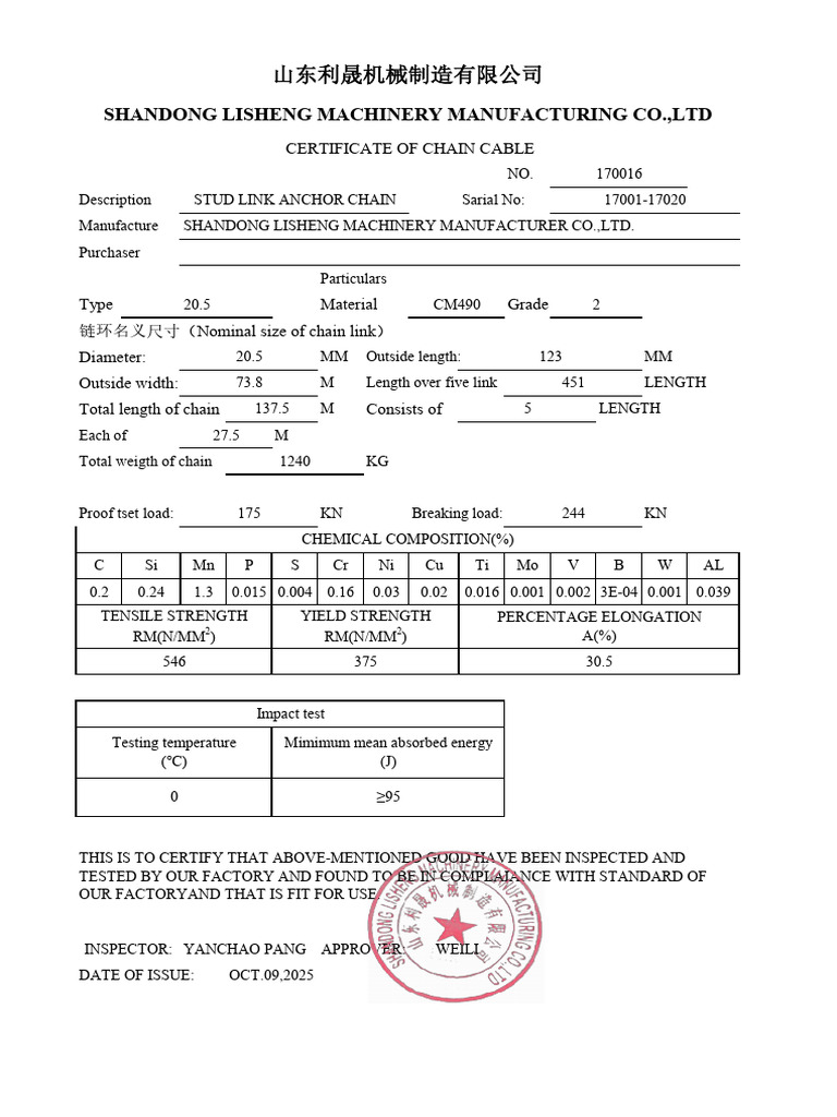 Shandong Lisheng Chain Cable Certificate | PDF