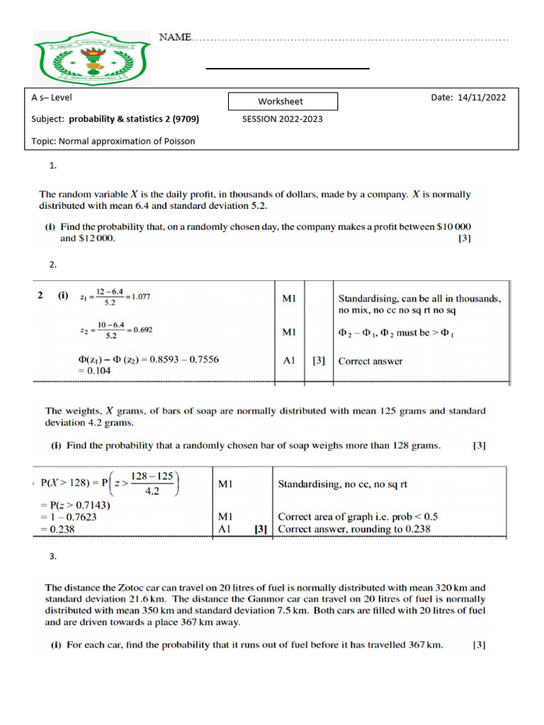 Poisson Distribution Worksheet for Students | PDF