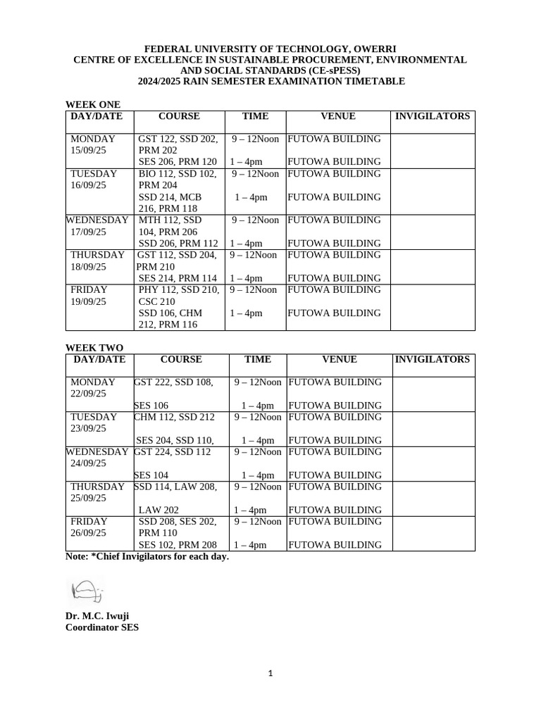 Draft Rain Semester Exam Timetable 2024-2025 | PDF