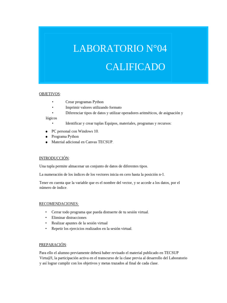 Lab Oratorio 04 | PDF | Python (lenguaje de programación) | Programa de ...