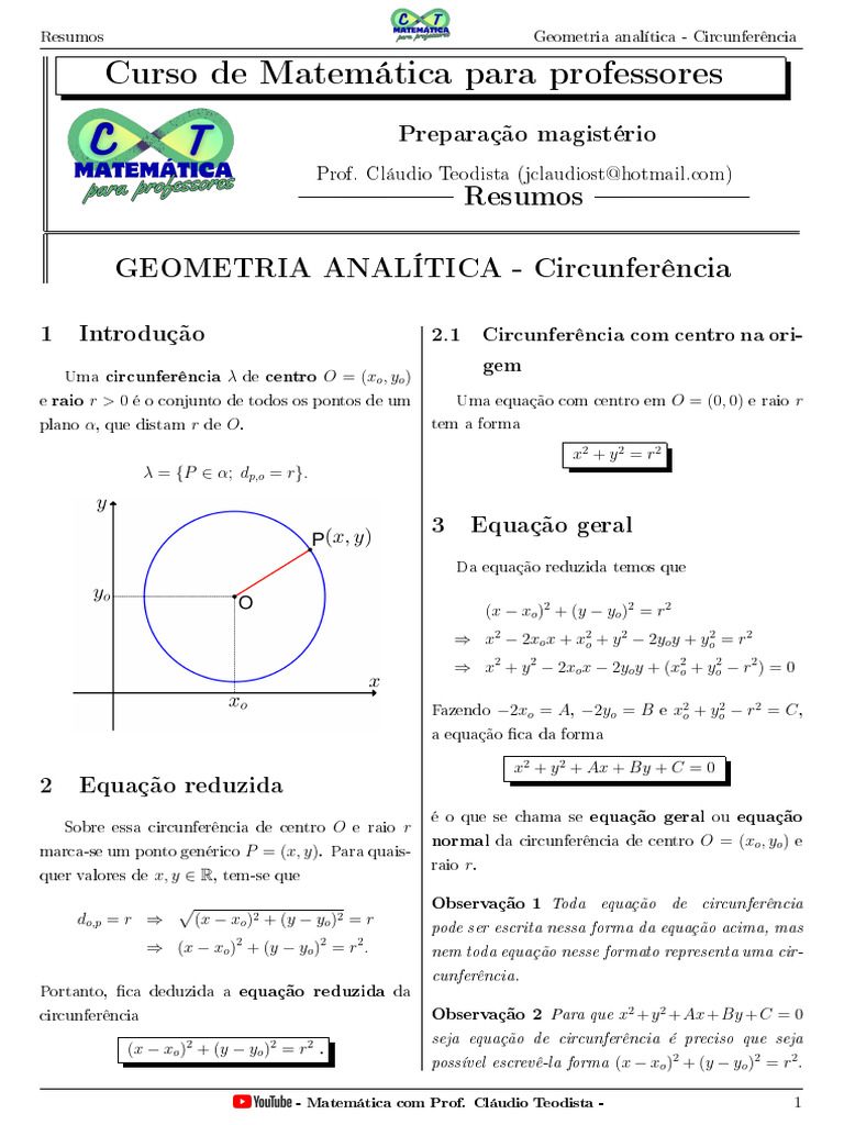 Circunferência na Geometria Analítica | PDF | Equações | Círculo