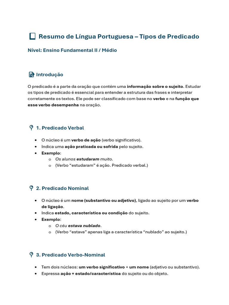 Tipos de Predicado na Língua Portuguesa | PDF | Assunto (gramática ...