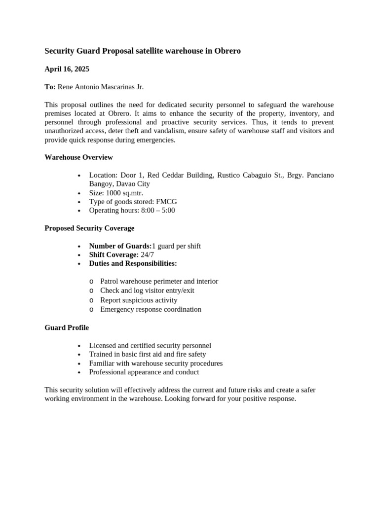 Security Proposal for Obrero Warehouse | PDF
