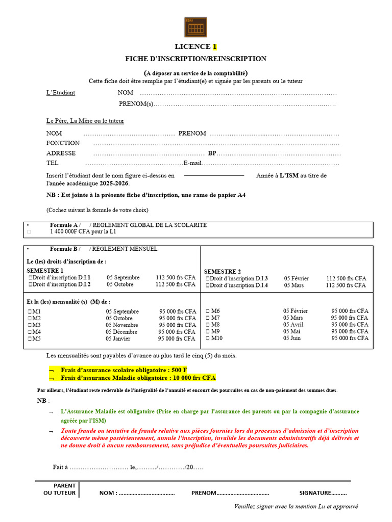 Fiche d'inscription Licence 1 ISM 2025-2026 | PDF