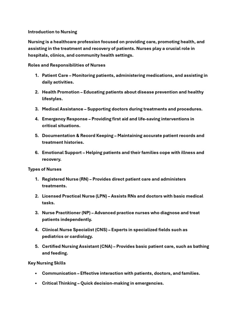 Overview of Nursing Roles and Skills | PDF