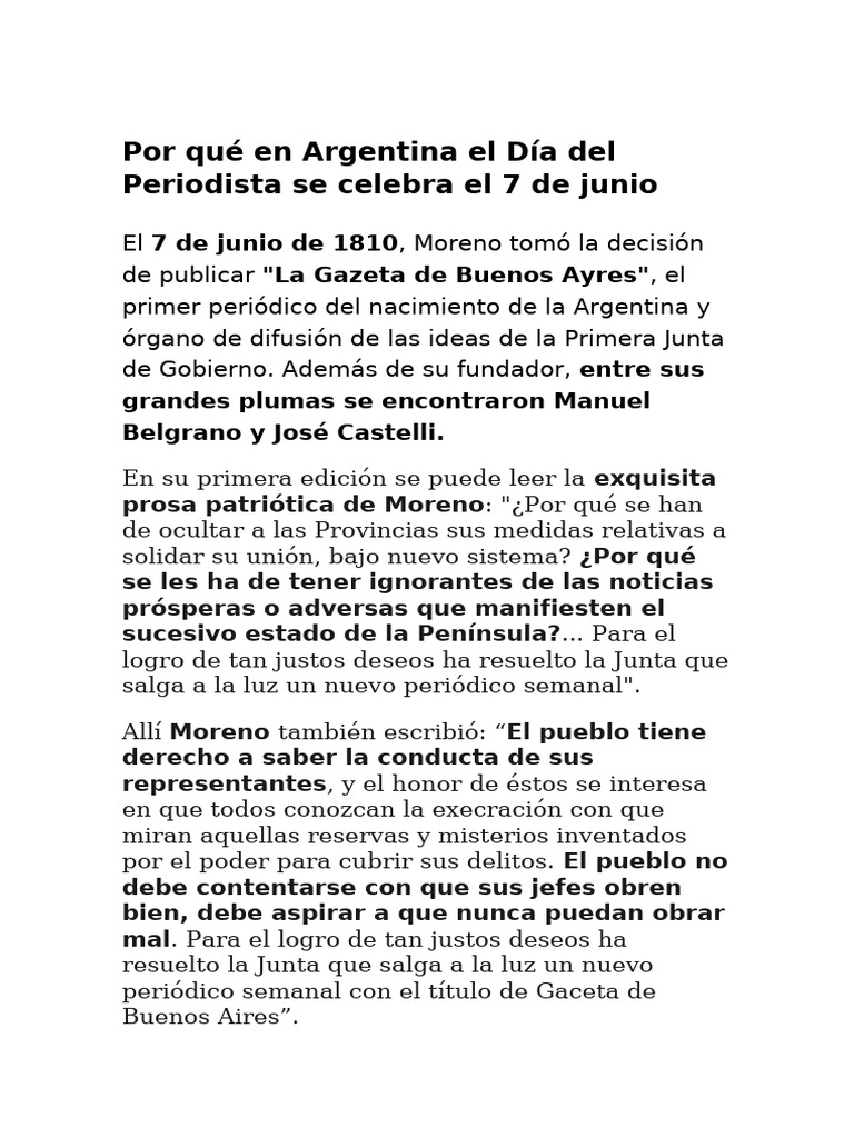 Por Qué en Argentina El Día Del Periodista Se Celebra El 7 de Junio | PDF