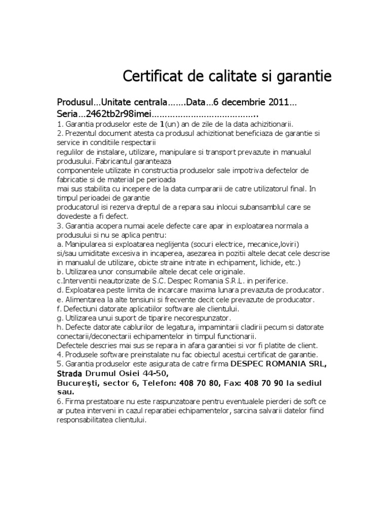 Certificat de garantie