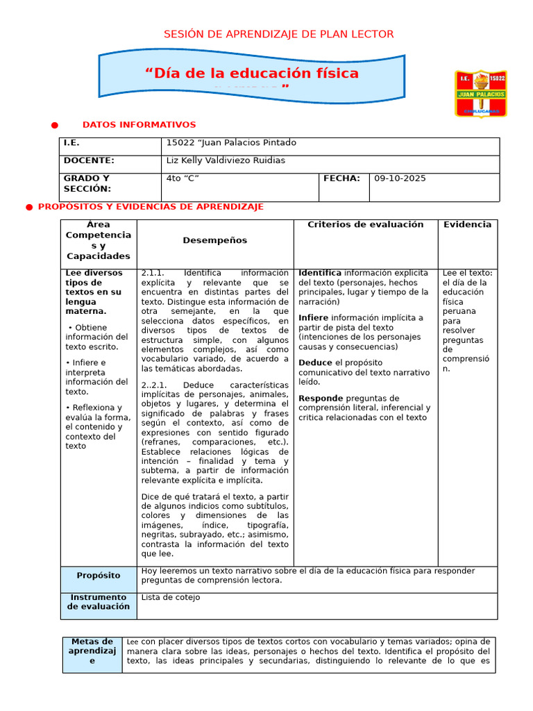 Plan Lector: Día de la Educación Física | PDF | Comprensión lectora ...