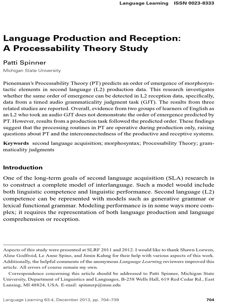 10 Language Production and Reception A Processability Theory Study ...