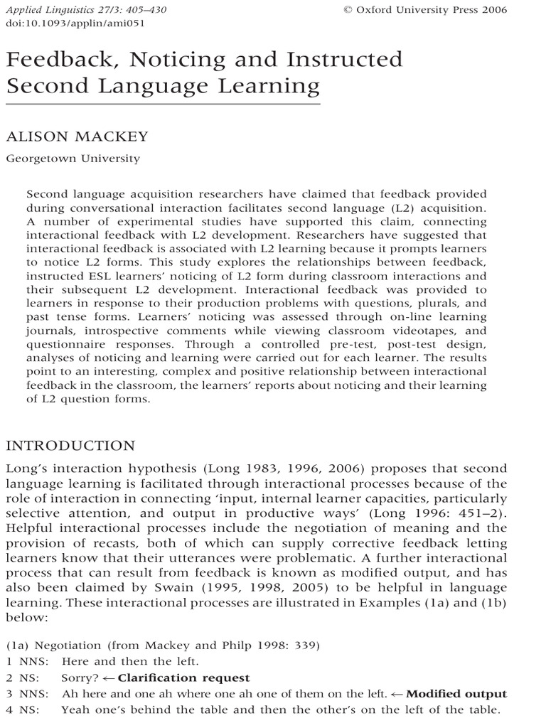 Feedback and Noticing in L2 Learning | PDF | Second Language | Second ...