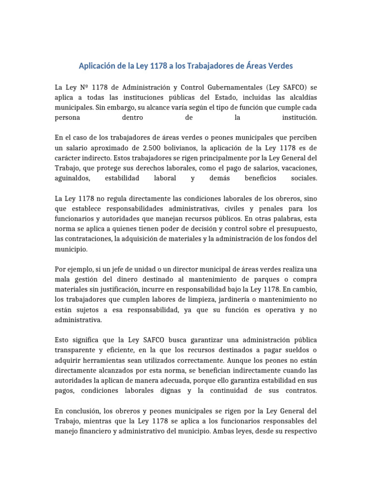Ley 1178 Trabajadores Areas Verdes AlexPillco | PDF