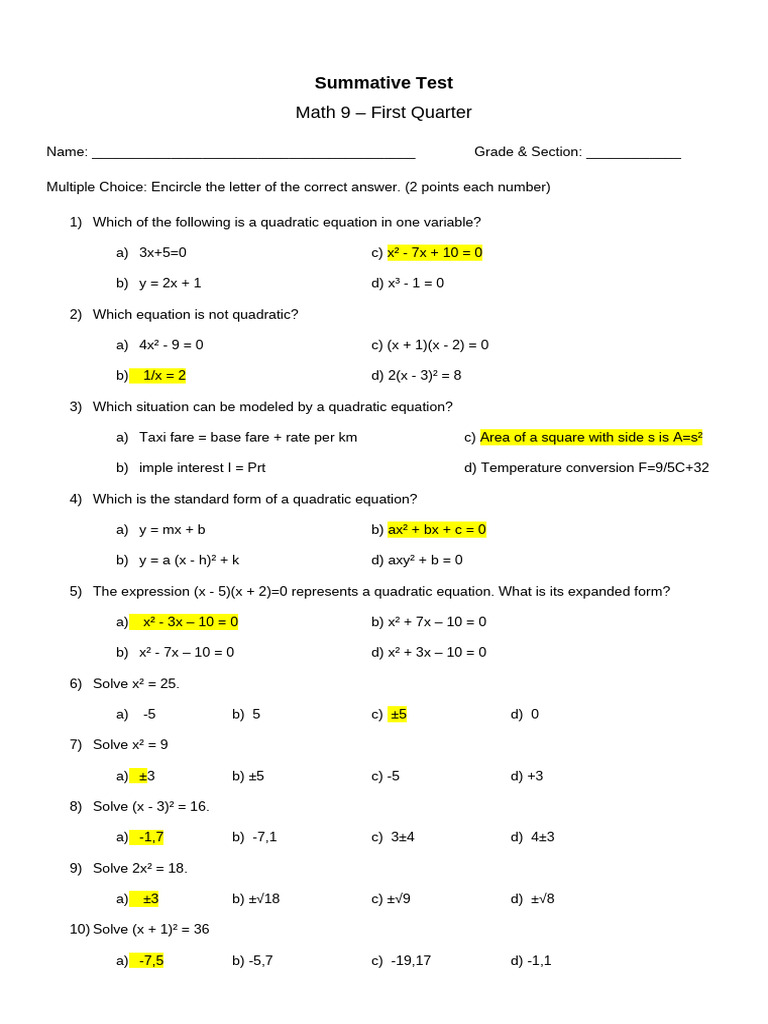 Math 9 Quadratic Equation Test | PDF | Elementary Mathematics | Applied ...