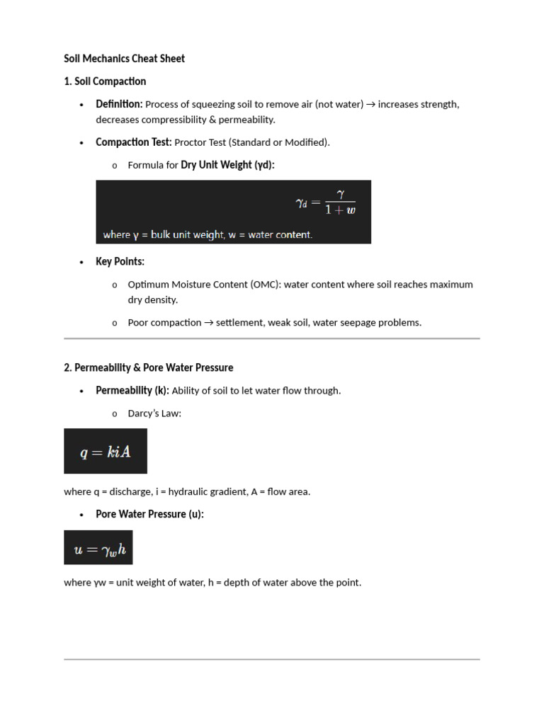 Soil Mechanics Cheat Sheet Guide | PDF