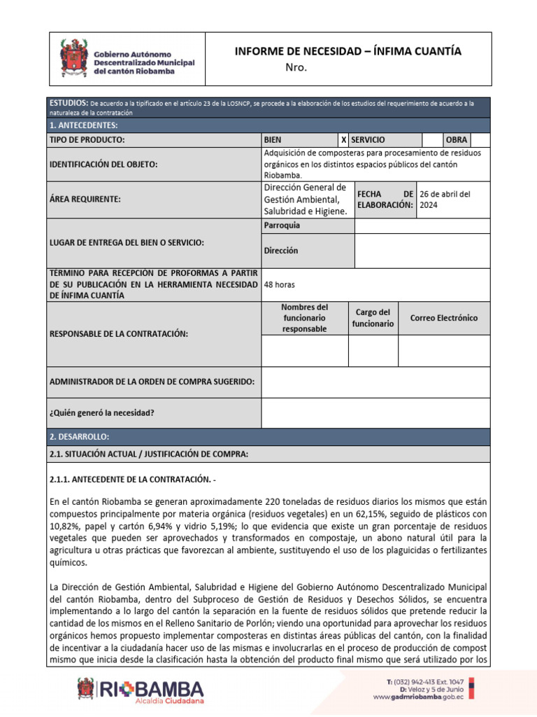 Informe de Necesidad - Ínfima Cuantía: 2024-GASH-IC-046 | PDF ...