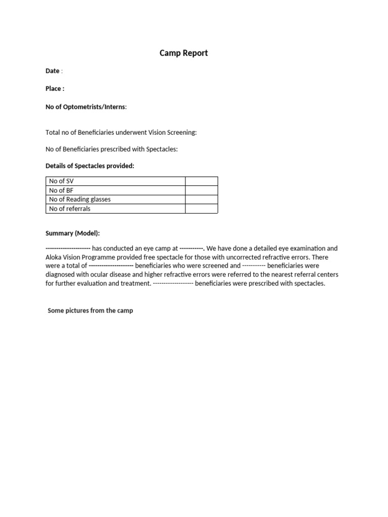 Eye Camp Report: Vision Screening Summary | PDF