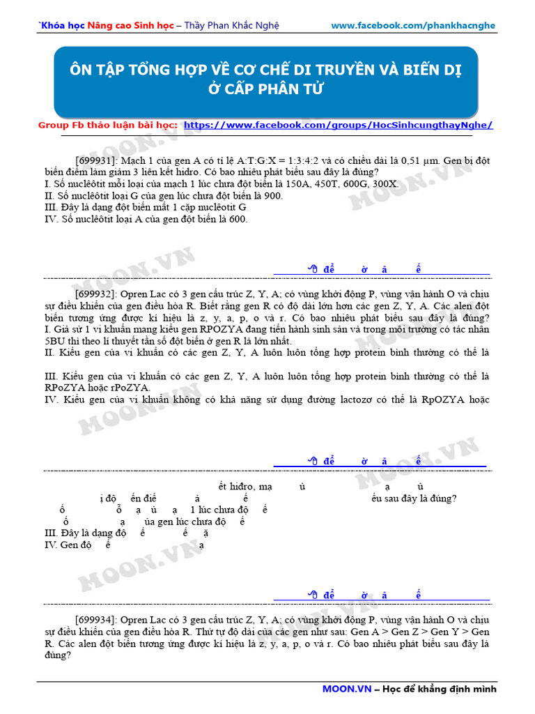 14 On Tap Tong Hop Ve Co Che Di Truyen Va Bien Di o Cap Phan Tu | PDF