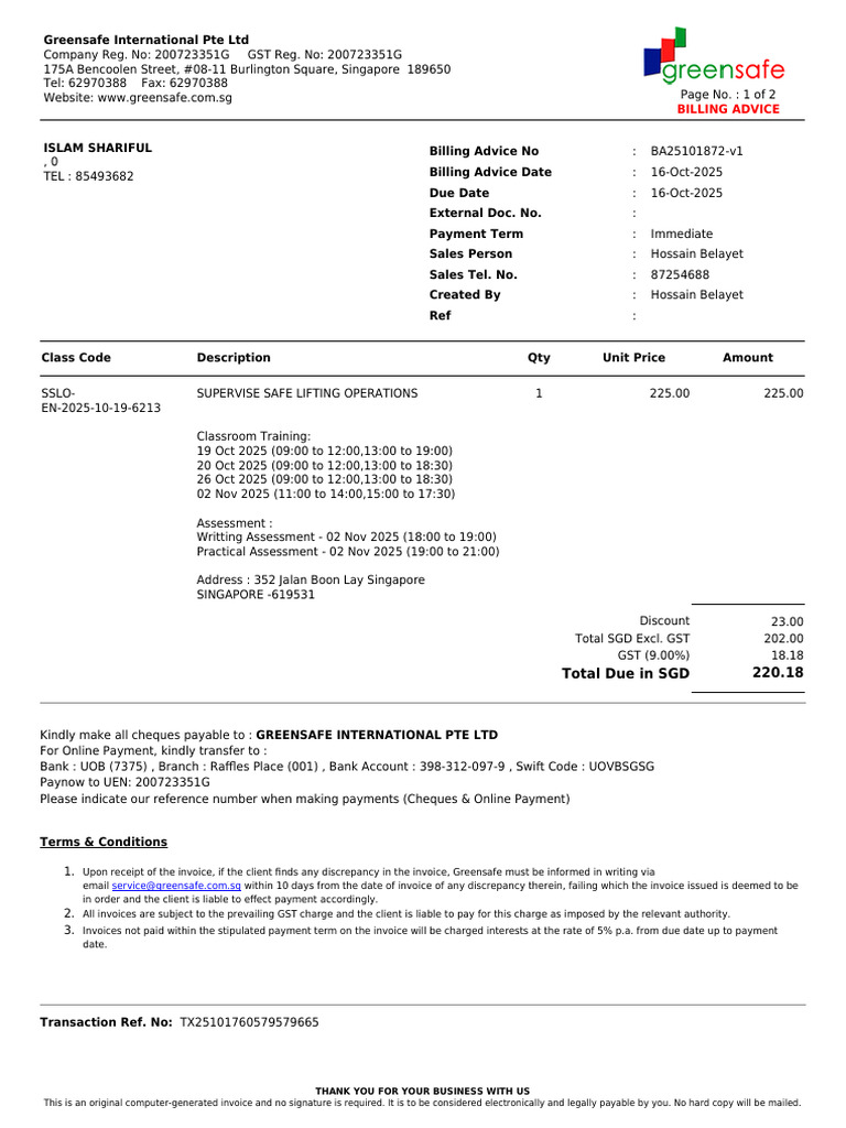 Billing Advice-BA25101872-V1 SSLO Isalm Shariful | PDF | Invoice | Payments