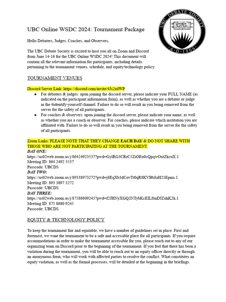 UBC Online WSDC 2024 Tournament Details | PDF