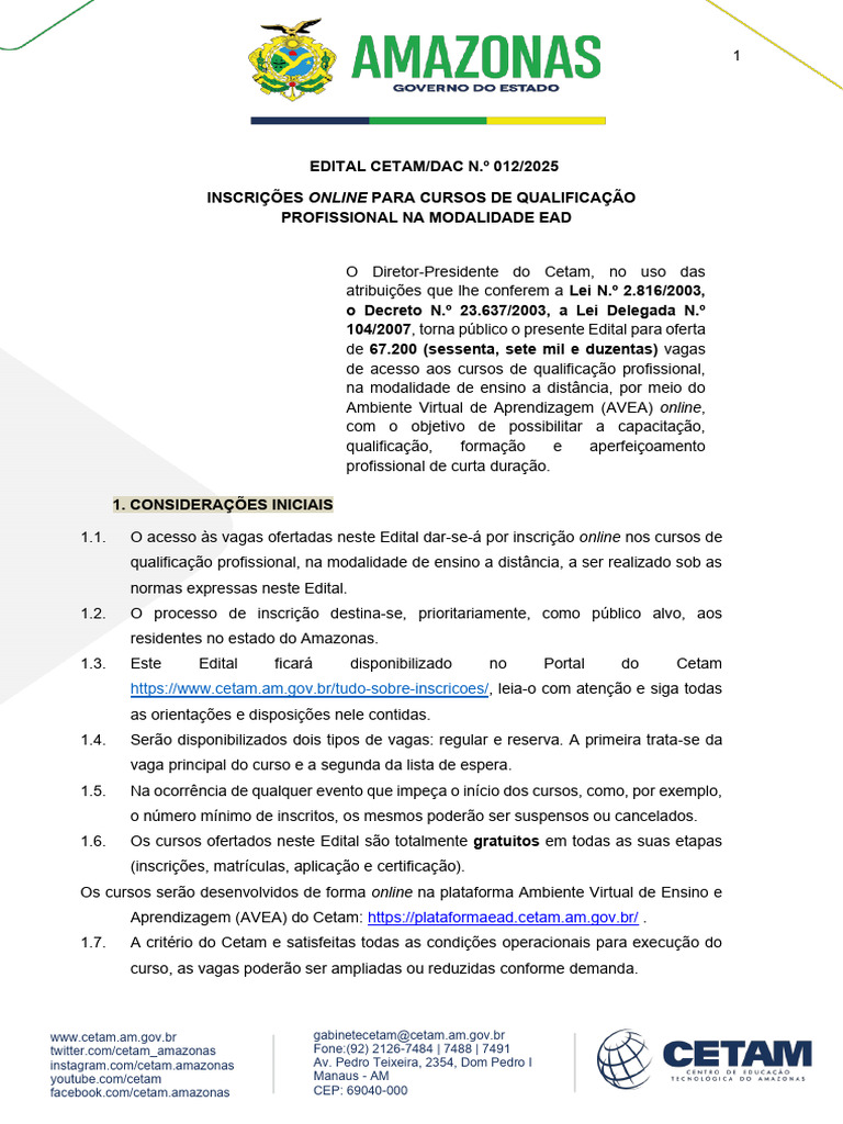 Inscrições EAD para Cursos Gratuitos 2025 | PDF | Educação à distância ...