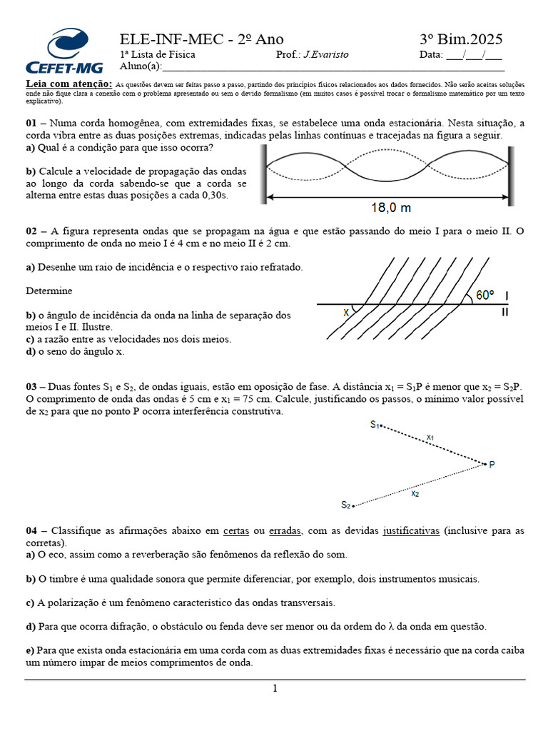 Lista de Física - 2º Ano Bim. 2025 | PDF