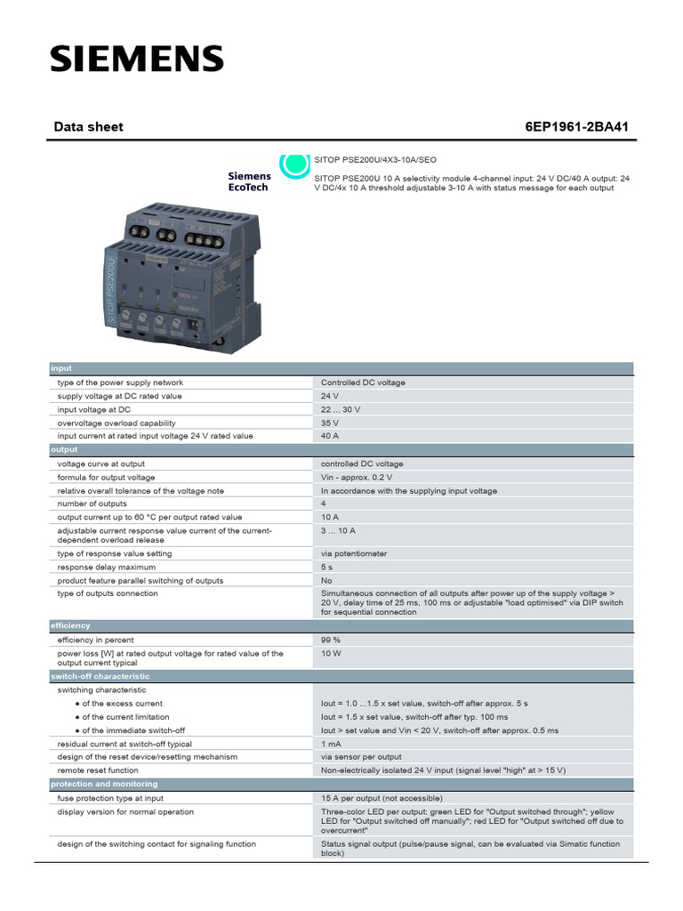 SITOP PSE200U 10A Selectivity Module | PDF | Power Supply | Computer ...