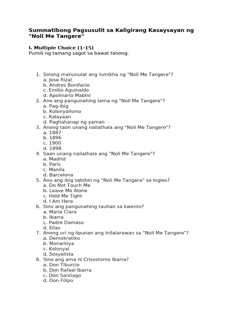 Summatibong Pagsusulit Sa Kaligirang Kasaysayan NG Noli Me Tangere | PDF