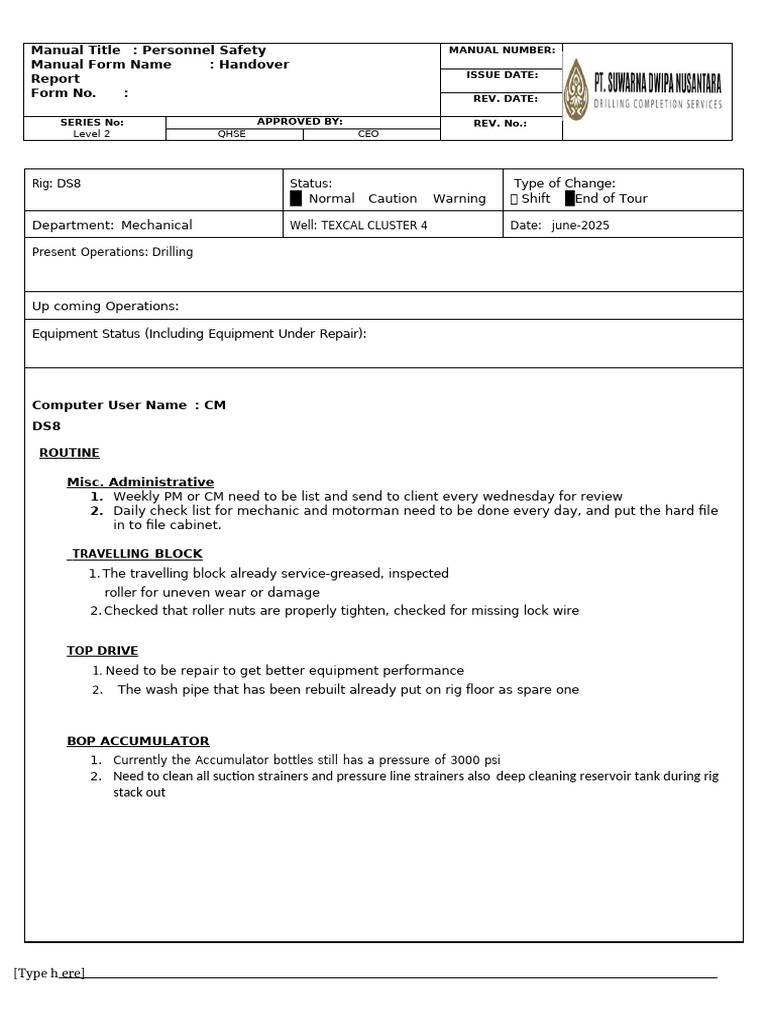 Personnel Safety Handover Report Summary | PDF | Pump | Bearing ...