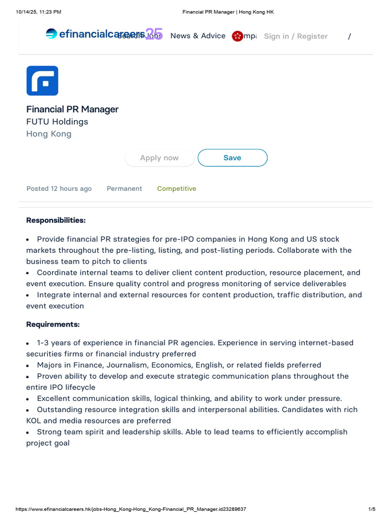Financial PR Manager - Hong Kong HK | PDF | Business