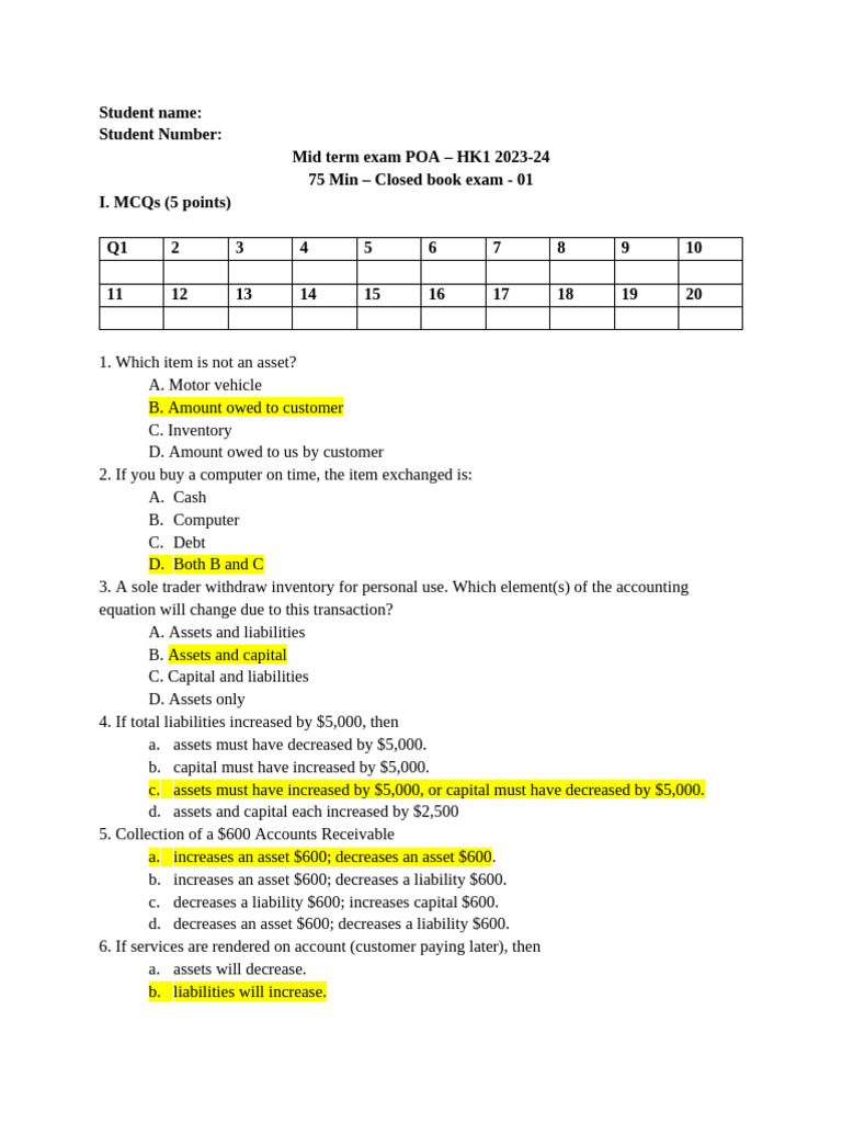 Mid term exam POA 2023 Đề 1 | PDF | Debits And Credits | Corporations