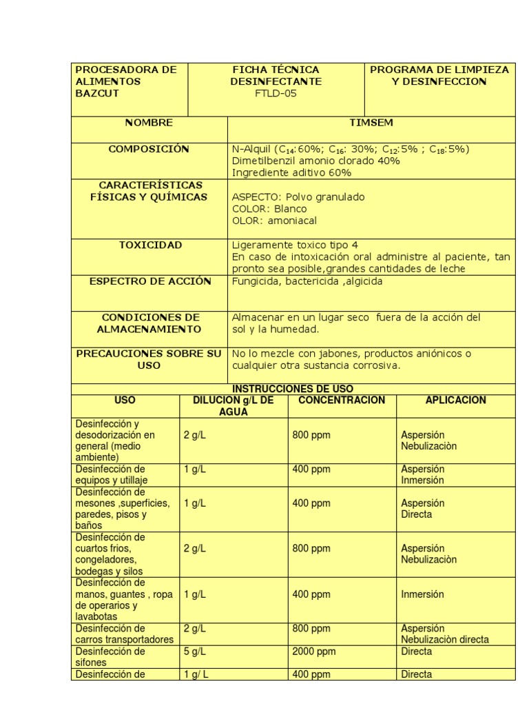 Desinfectante Timsem: Ficha Técnica | PDF | Desinfectante | Agua