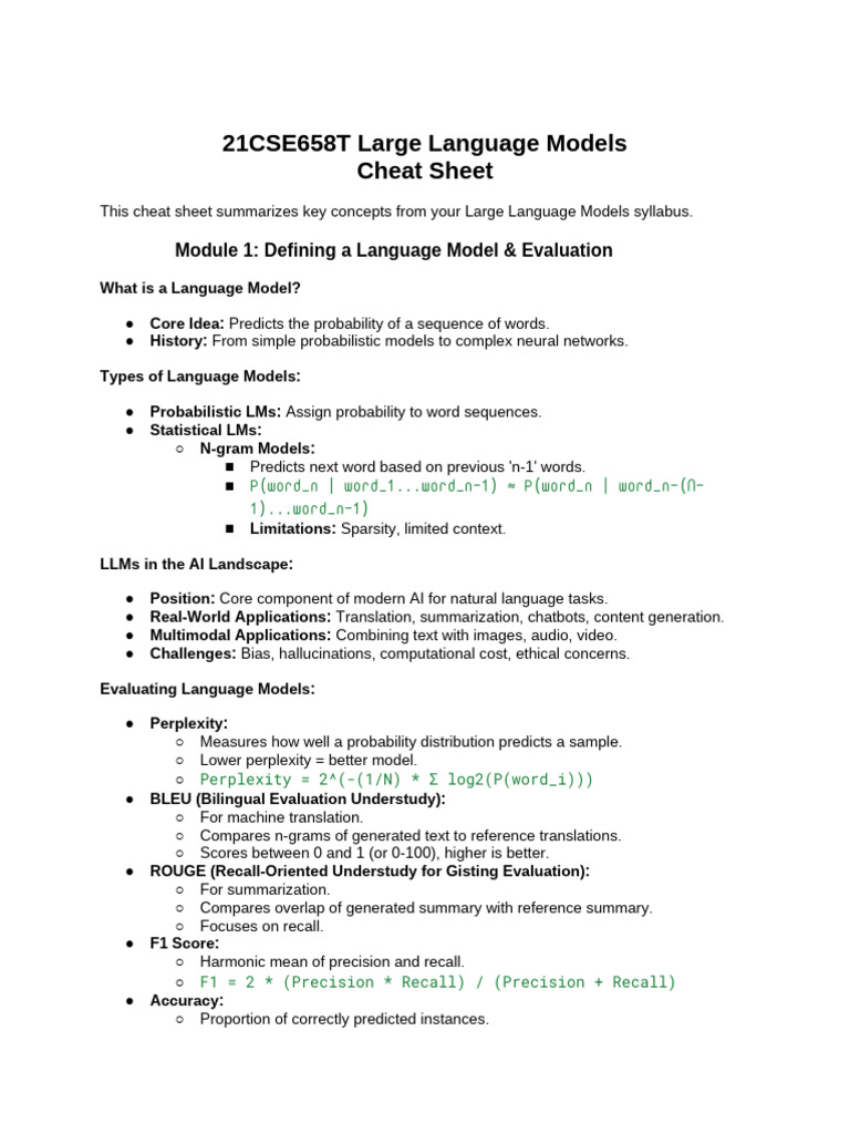 Large Language Models Cheat Sheet | PDF | Machine Learning | Applied ...