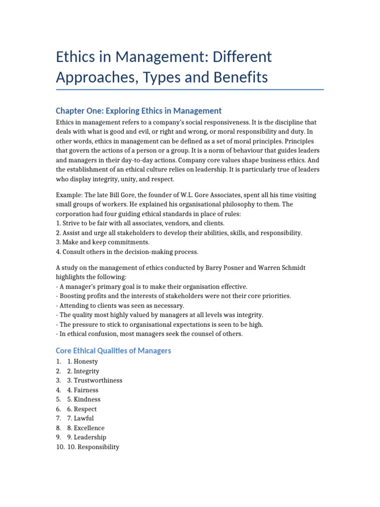 Ethics in Management: Key Approaches & Benefits | PDF | Integrity ...