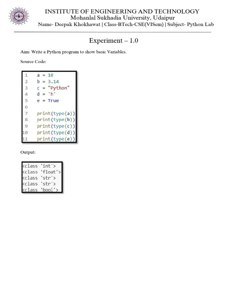 Python Lab Experiment: Variables & Data Types | PDF