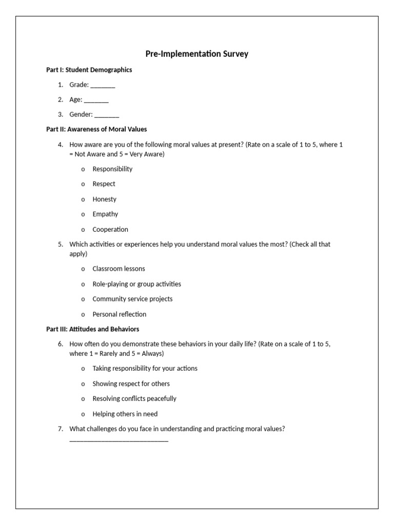 Student Moral Values Survey Template | PDF | Morality | Value (Ethics)
