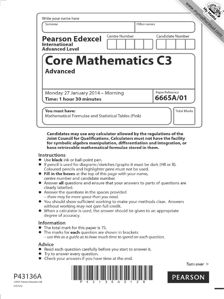 Edexcel International A Level (IAL) Maths C3 January 2014 Paper | PDF