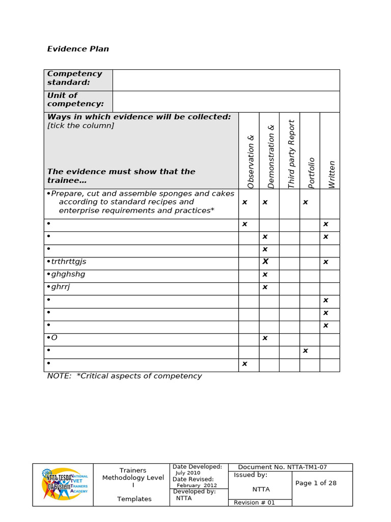 Evidence Collection Plan for Baking Skills | PDF | Specification ...
