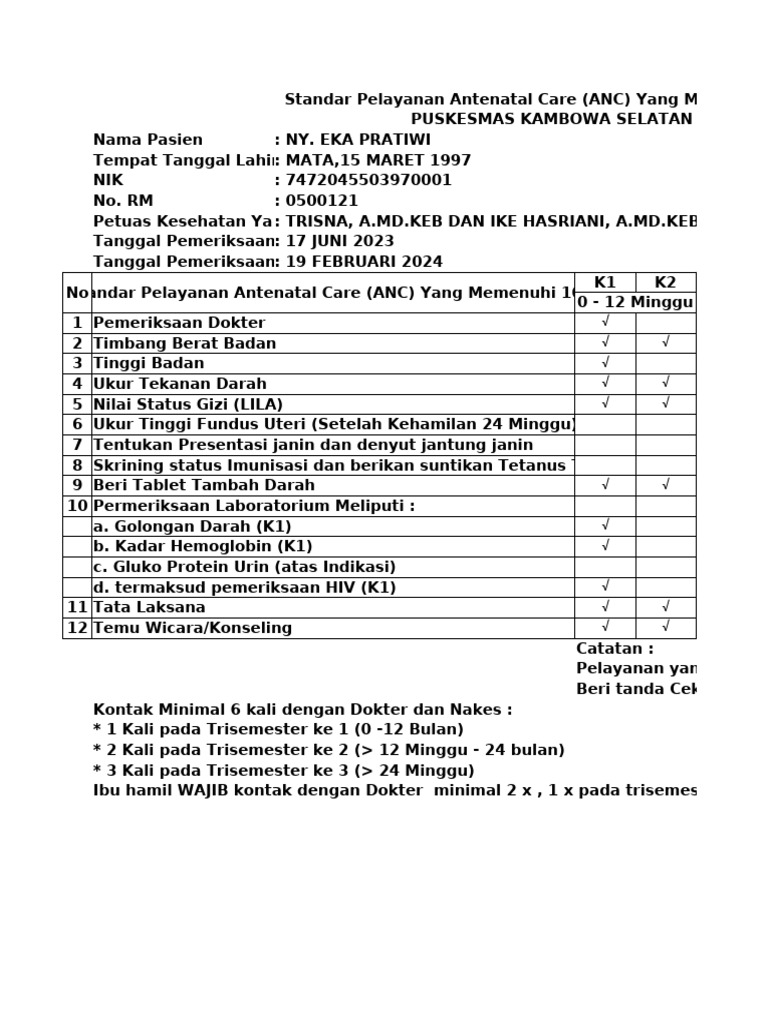 Standar Pelayanan ANC Puskesmas Kambowa | PDF